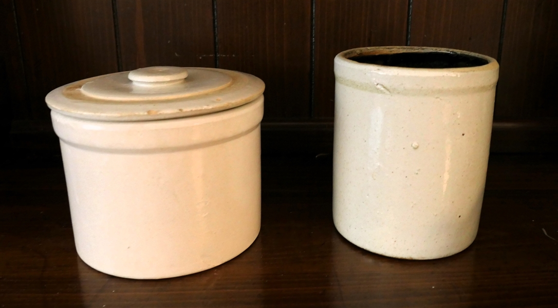 2 Pieces of Stoneware Pottery - Small Storage Crock and Butter Crock with Lid - Small Crock Measures 5"