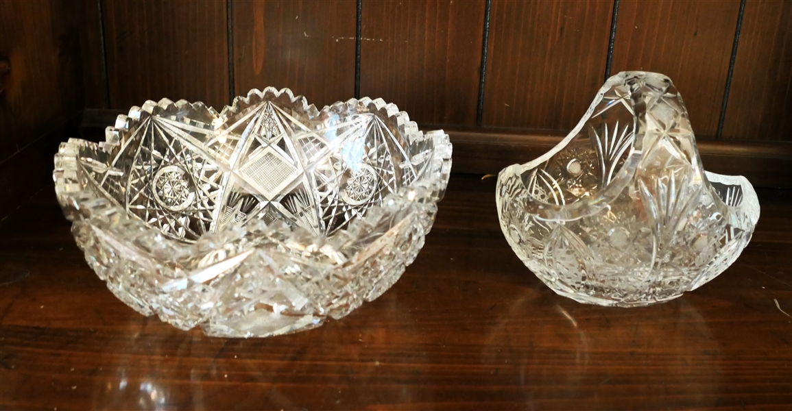 Pretty Cut Glass Bowl and Crystal Basket - Bowl Measures 4" Tall 8" Across Basket Measures 6" Tall 6" across