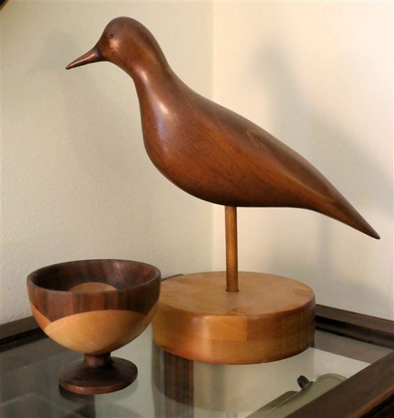 Hand Carved Wood Bird and Hand Carved Wooden Footed Bowl - Bowl Marked CVD - Bird Measures 9 1/2" Tall 10" Beak to Tail 