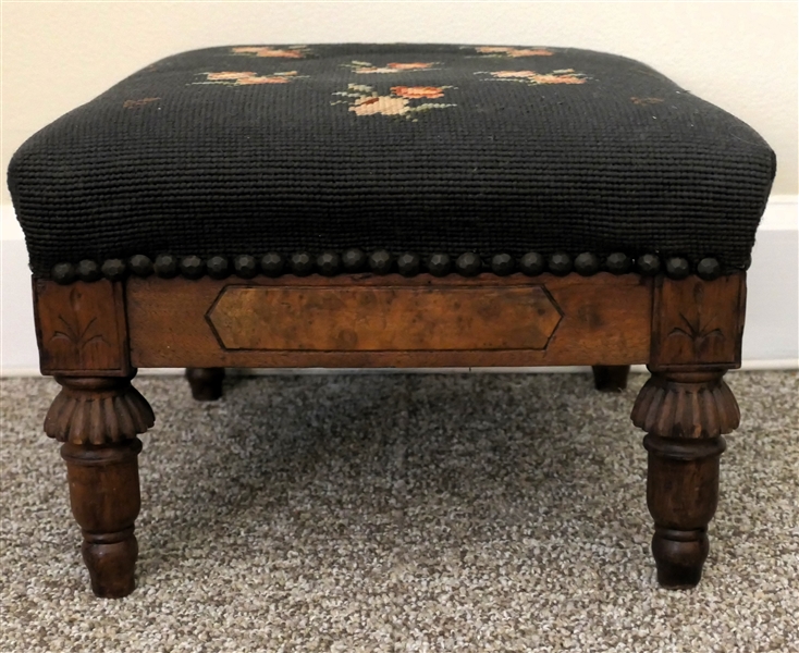 Small Foot Stool with Needlepoint Top - Reeded Legs - Nail Head Trim - Measures 8" tall 12" by 12" 