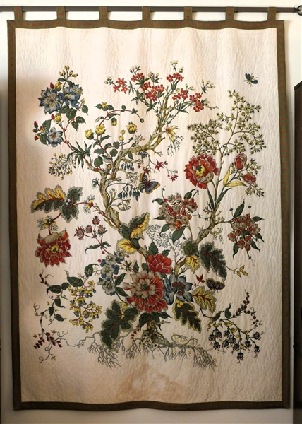 Nice Quilted Tapestry with Ribbon Trim - Beautiful Flowers and Insects -Small Area of Staining At Bottom - See Photo Measures 76" by 54"