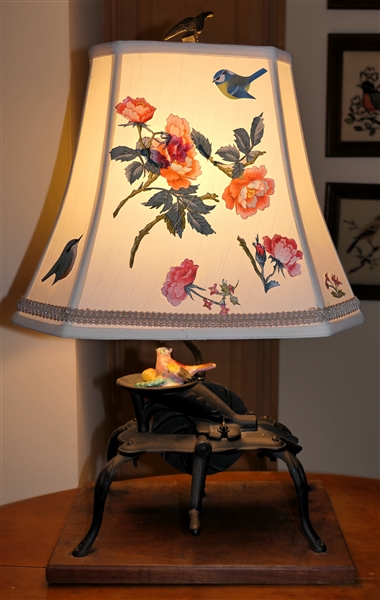 Antique Cherry Seeder Converted To Table Lamp - Decoupage Shade - Eagle Finial - Lamp Measures 23" Tall Overall