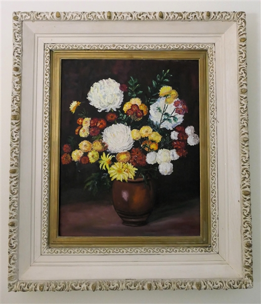 Beautiful Oil on Board Still Life Painting of Urn of Flowers - Framed in White and Gold Frame - Frame Measures 29" By 25"