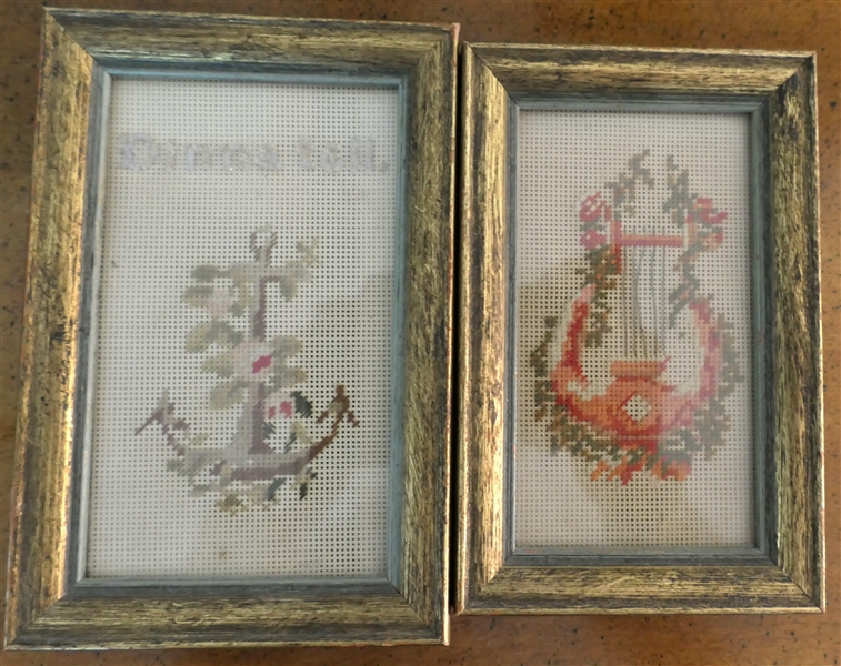 2 Antique Needleworks - Hand Stitched Anchor with Beaded "Dinnatall" and Hand Stitched Harp - Both Framed Harp Frame Measures 4 1/2" by 3" 