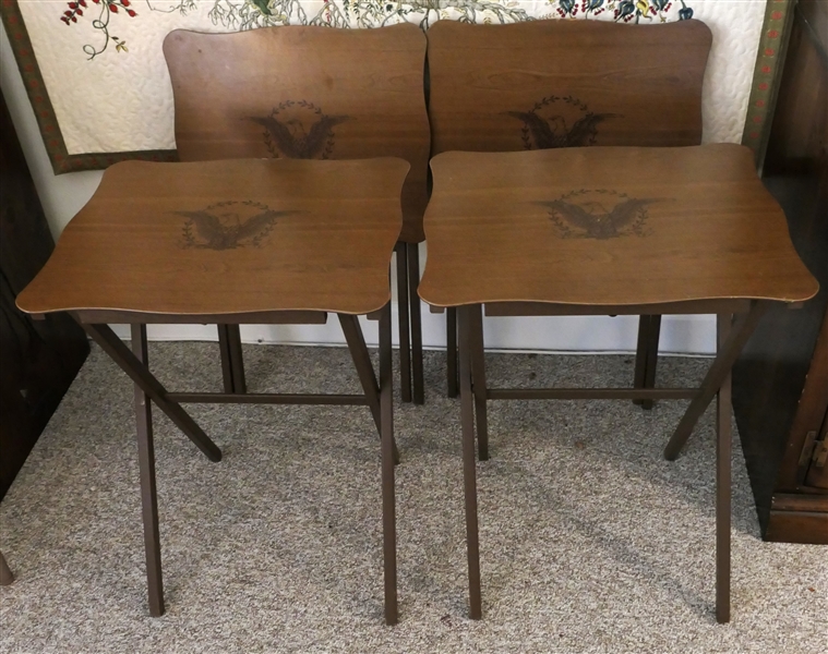 Set of 4 Folding TV Tables with Federal Style Eagle Motif on Tops Wood Grain Finish 