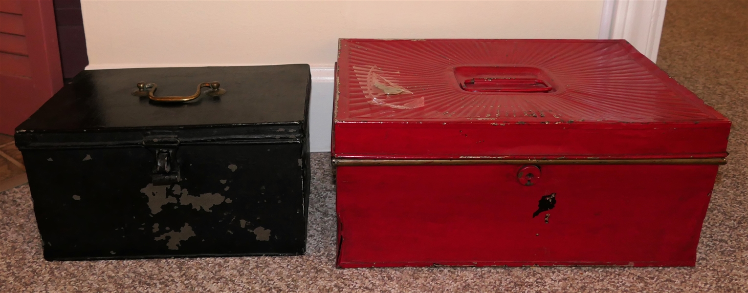 2 Tin / Metal Document Boxes - Red Painted Has Original Lock and Key - Smaller Box with Brass Handle Measures 6" Tall 10" by 6 3/4" Larger Red Painted Tin Box Measures 6" Tall 13 1/4" by 9 3/4" 