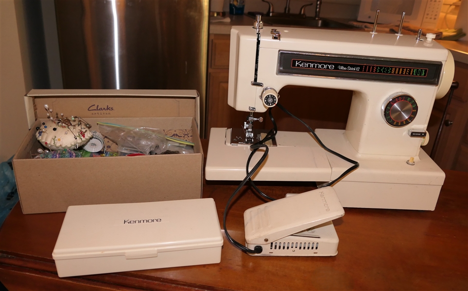 Kenmore Ultra Stich 12 Electric Sewing Machine with Cords, Foot Pedal, and Sewing Notions - Pins, Pin Cushion, Etc.