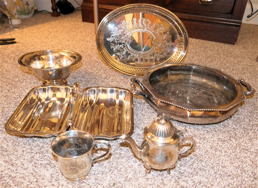 Lot of Silver Plate including Mug, Tea Pot, Snack Tray, Pierced Oval Tray, and Handled Serving Dish 