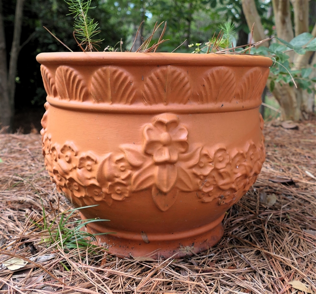 Terracotta Planter - Flower and Shell Motif - Measures 11" Tall 13" Across