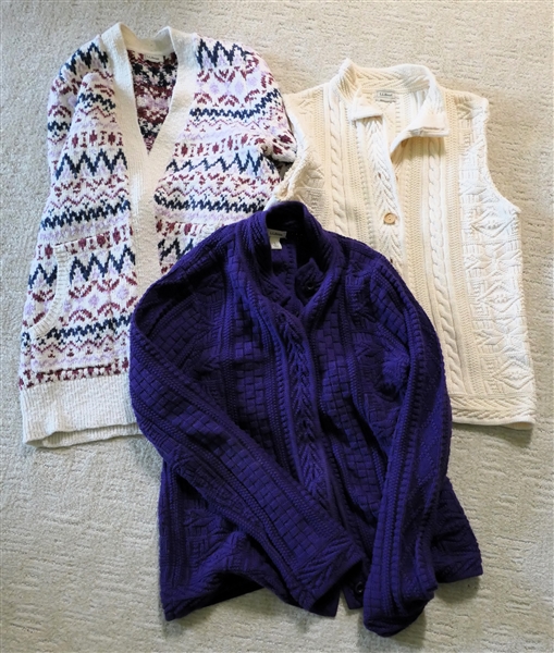 3 LL Bean Cardigan Sweaters ./ Sweater Vest- Purple, Cream Sweater Vest, and Patterned - Purple Size Small - Others Appear to Be the Same - Missing tags