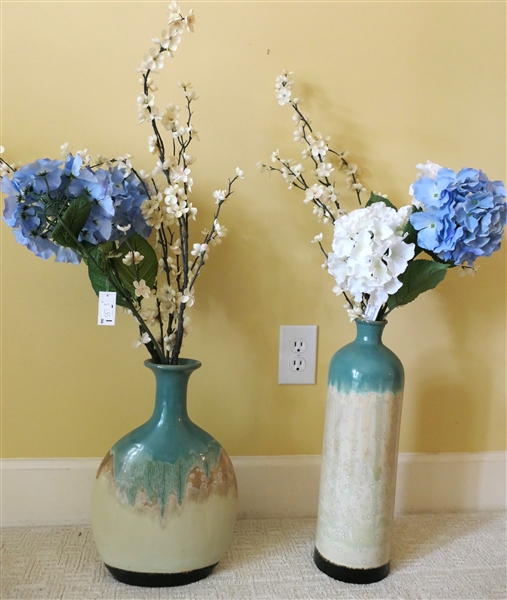 2 Ceramic Decorator Vases - Light Turquoise and Tan - Cylindrical Measures 18" Tall 