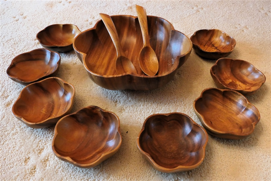 Philippines Monkey Pod Wood Salad Set - Flower Shaped Bowls and Utensils