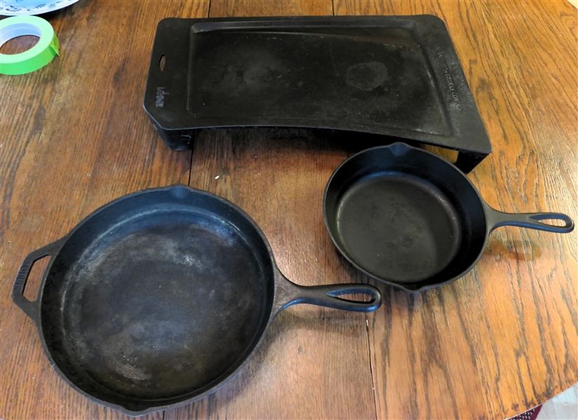 3 Lodge Cast Iron Pans - Griddle Pan, 5SK, and 7SK 