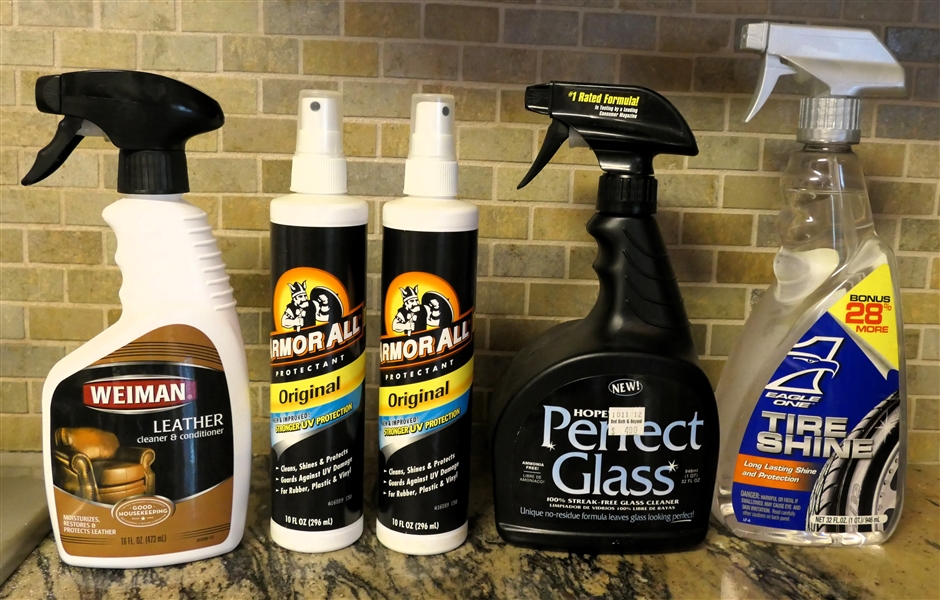 Car Cleaning Lot including 2 Full Armor All, Perfect Glass, Tire Shine, and Leather Cleaner