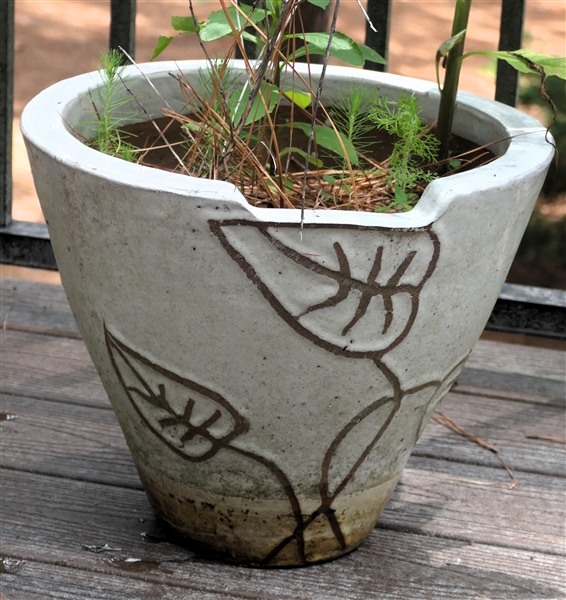 Planter with Leaf Design - Measures 12" Tall 15" Across - Planter Has Hairline Crack