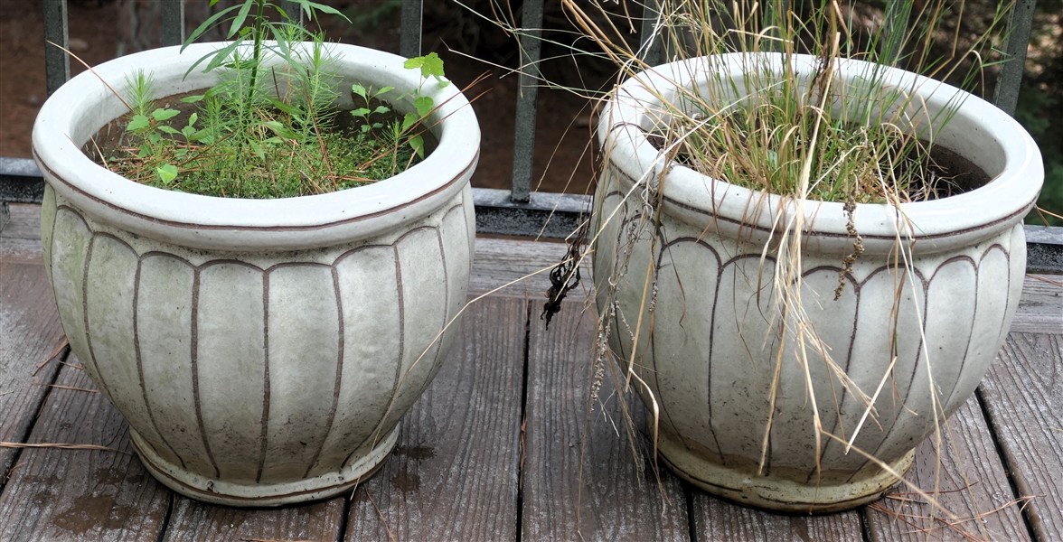 Pair of Light Cream Colored Planter - Fluted Design - Measures 12" Tall 14" Across