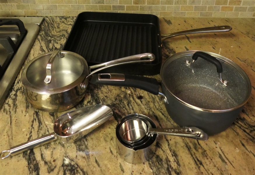 Allclad Grill Pan, Cuisinart Saucepan, Biaictti Sauce Pan, Stainless Steel Measuring Cups, and Stainless Steel Ice Scoop 