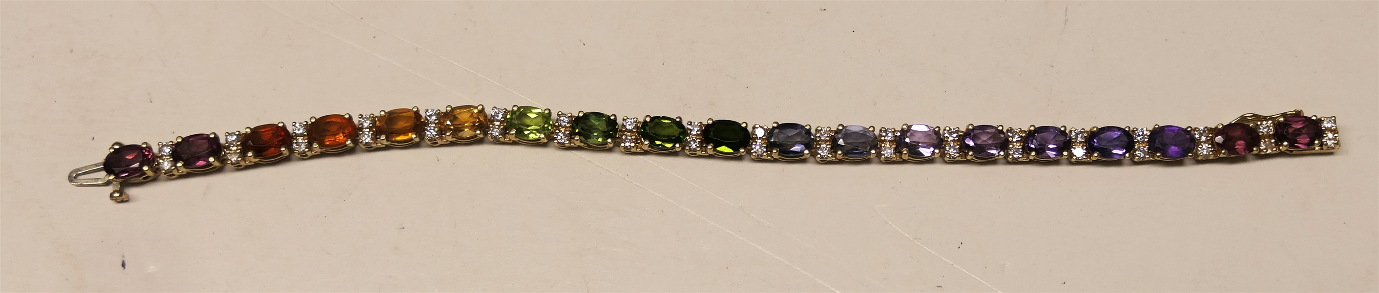 14kt Yellow Gold Multi Gemstone Bracelet - Rainbow of Stones with Diamond Accents - Bracelet Measures 7" Long 16.6 Grams Total Weight