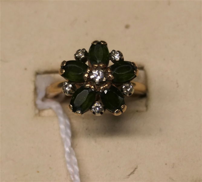 Antique 14kt Yellow Gold Cocktail Ring with Ring Green Tourmaline Stones and Diamonds Ring Size6 3/4 Weighs 5.6 Grams