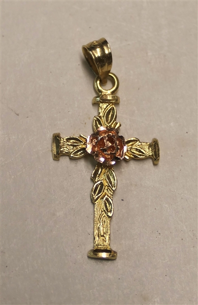 14kt Yellow and Rose Gold Cross Pendant - Yellow Gold Cross with Applied Rose Gold Flower - Pendant Measures 1" Weighs 1 Gram