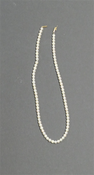 Nice Pearl Necklace with 14kt Yellow Gold Clasps - Necklace Measures 15 1/2" Long