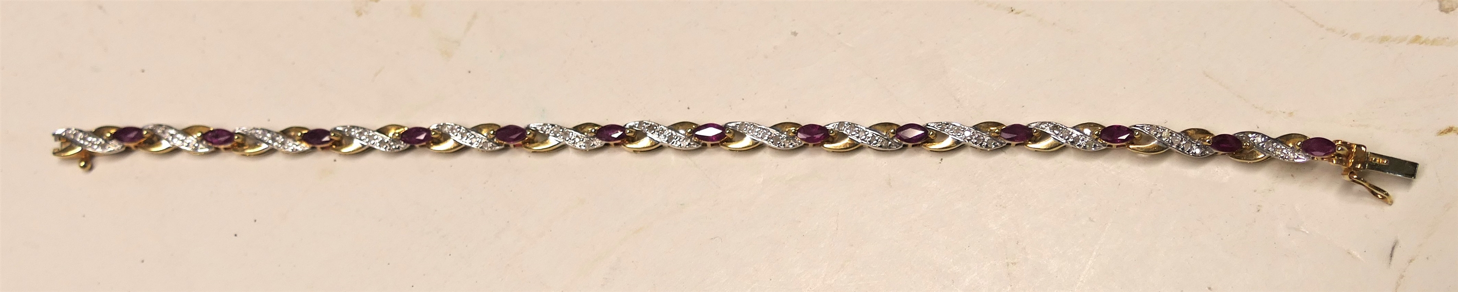 14kt Yellow Gold Bracelet with Garnet and Diamonds - Measures 7" - 9.5 Grams Total Weight