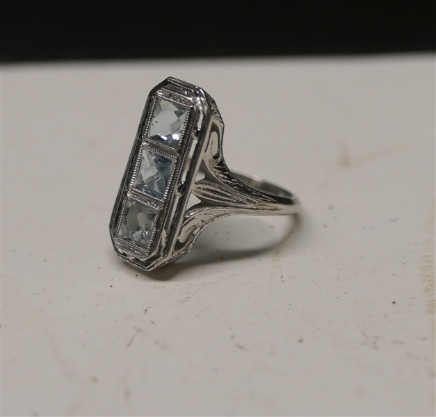 Art Deco 18kt White Gold Cocktail Ring with 3 Light Blue Princess Cut Stones -Ring Size 3 1/4 Weighs  3.9 Grams