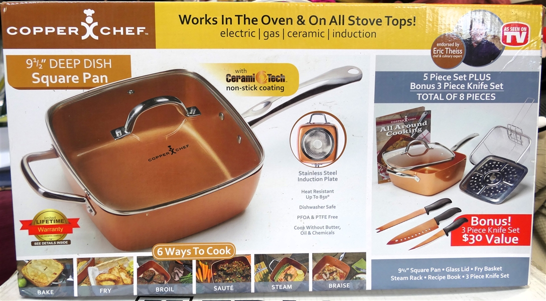 Copper Chef 9 1/2" Square Deep Dish Pan with Lid - 5 Piece Set - New in Original Box