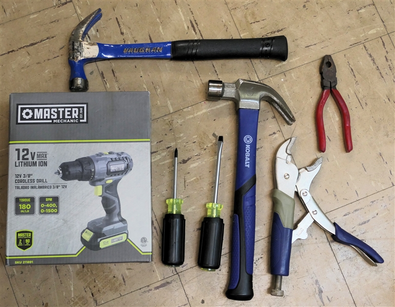 Tool Lot including Kobalt Hammer, Master Mechanic 12Volt Battery Operated Drill, Plyers, Hammer, Screwdrivers 