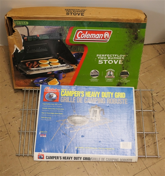 Coleman Perfect Flow Two Burner Stove in Original Box and Campers Heavy Duty Grid - New In Packaging 