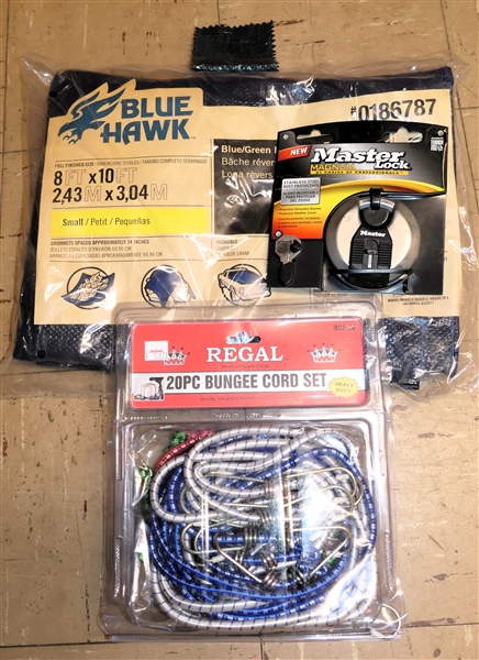 Heavy Duty Master Circle Lock, Blue Hawk 8 by 10 Tarp, and Pack of Elastic Straps - All New in Original Packaging 