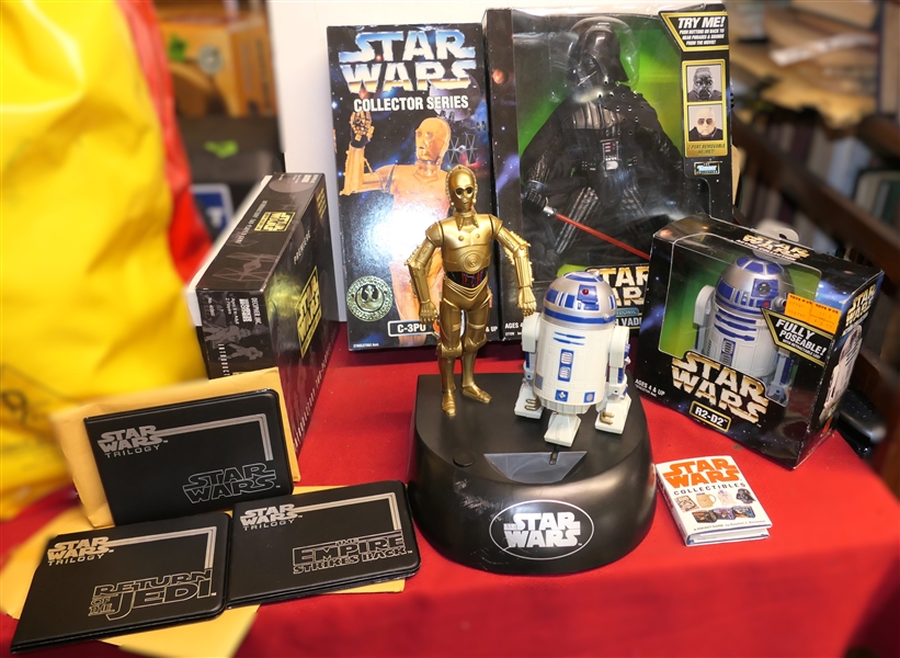 1990s Star Wars Action Figure Lot including New in Packaging Action Figures, Star Wars Customizable Card Game, R2 - D2, Bank, Star Wars "Empire Strikes Back" Stamps - First Day Covers 