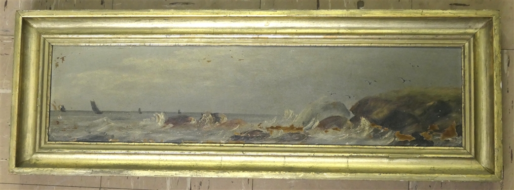 19th Century Oil on Board Painting of Waves, Boats, and Flying Birds - Framed in Gold Gilt Frame - Some Overall Paint Loss - Frame Measures 9 3/4" by 28"