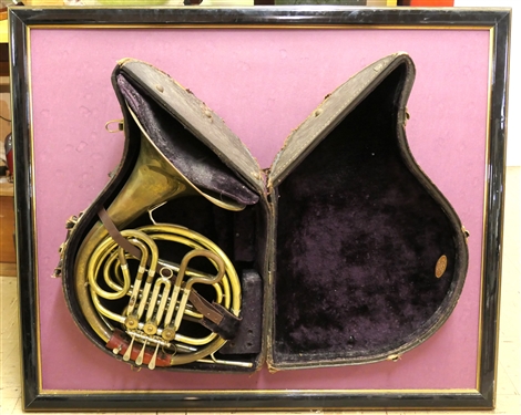 Olds Brass French Horn in Hard Case - Some Dents in Horn - Lyons Brand Instrument Co. Hard Brass tag on Hard Case - Case in Mounted to Display Board - 