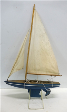 Wood Model Sailboat with Metal Rudder - Canvas Sails - Blue Painted - Measures 23" tall 14" Long