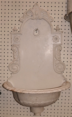 Fancy Antique Cast Iron Wall Fountain - Painted White - Shell and Flower Details - Measures 36" by 18"