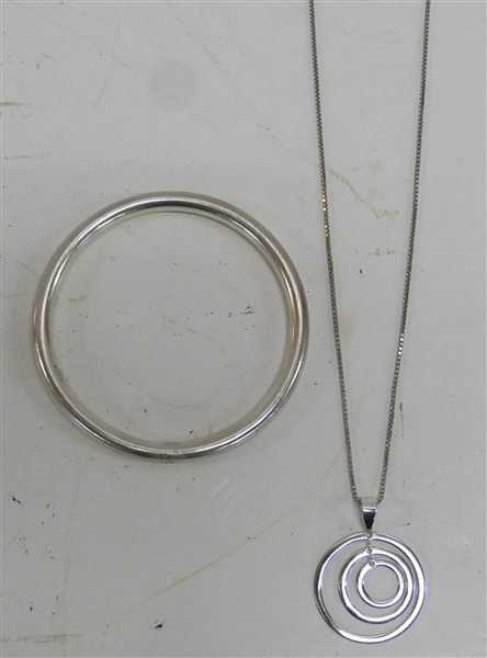 Mexico Sterling Silver Bangle Bracelet and Sterling Silver Necklace with Sterling Circle Pendant - Necklace Measures 20"