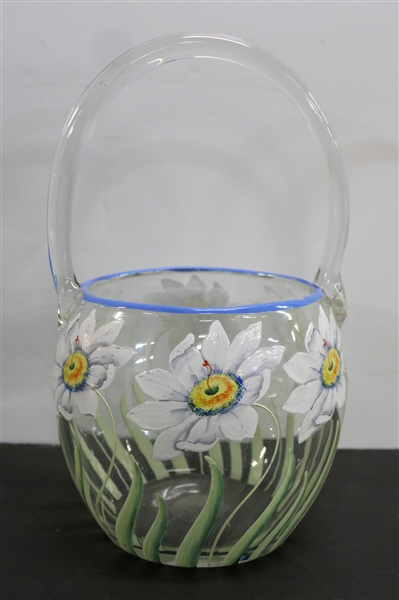 Beautiful Hand Blow Glass Basket with Hand Painted Enamel Flowers - Applied Handle - Basket Measures 10" With Handle 5" Not Including Handle - 6" Across