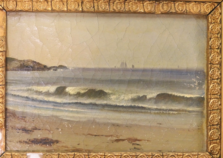 Antique Ocean Scene Oil on Canvas Painting in Gold Gilt Frame - Frame Measures 11" By 14" - Some Paint Loss To Painting and Some Gold Loss to Frame 