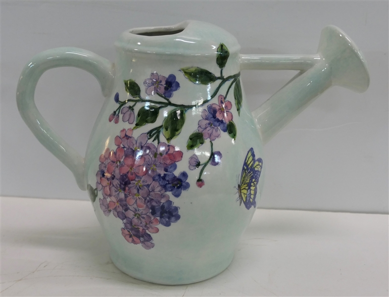 Maxcera Ceramic Watering Can with Hydrangea Flowers and Hummingbirds - Measures 9 1/2" tall 