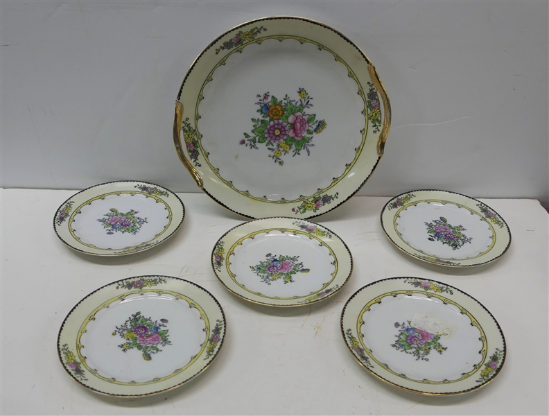 6 Piece Noritake Hand Painted Japan Dessert Set - Double Handled Plate and 5 - 6" Plates 