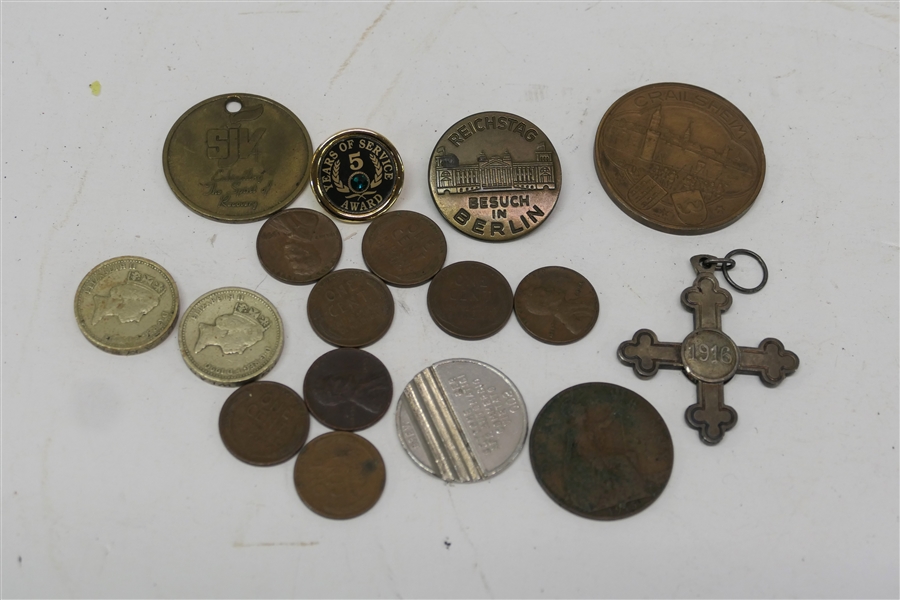 Lot of Coins, Tokens, and Trinkets including CW 1916 Cross Pendant, Berlin Pin Back Button, Brev Token, Wheat Pennies, and Other Foreign Coins