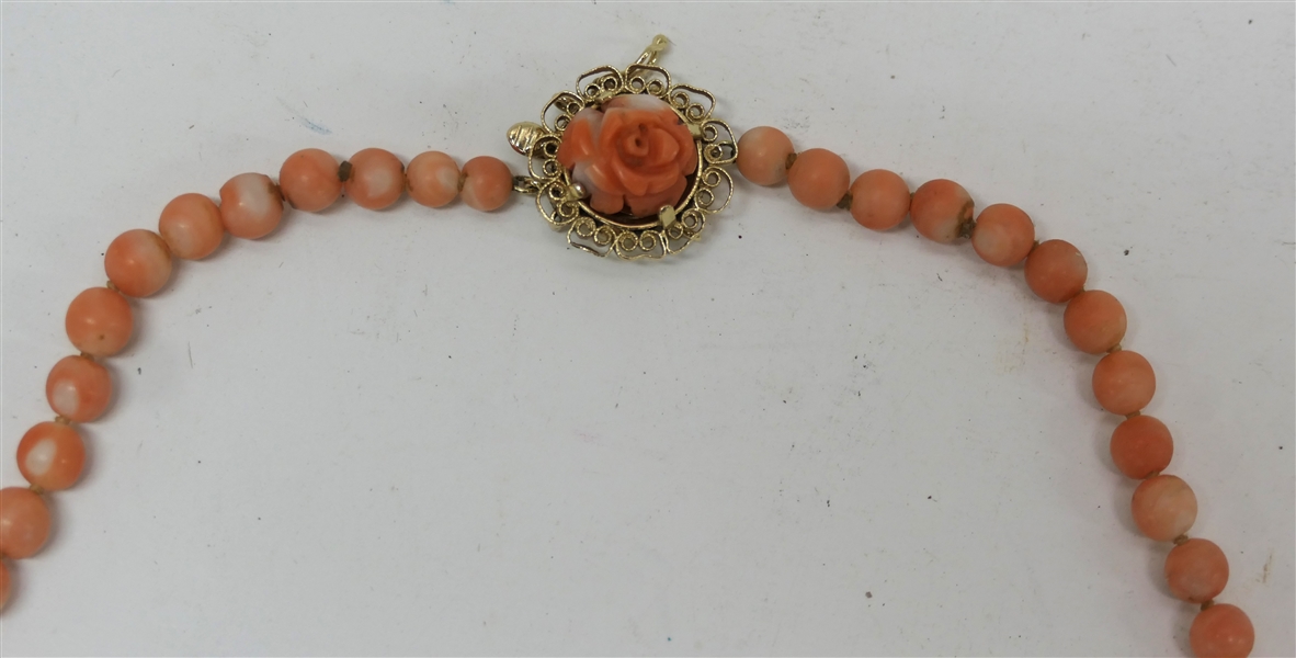 Fine Coral Beaded Necklace with 14kt Yellow Gold Clasp - Hand Carved Shell Flower - Graduating Coral Beads - Necklace Measures 22"