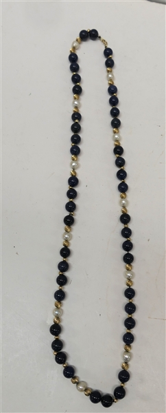 Blue Beaded Necklace with 14kt Yellow Gold Clasp and Spacer Beads - Necklace Measure 28"