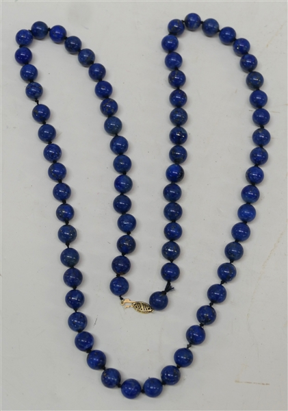 Hand Knotted Blue Lapis Beaded Necklace with 14kt Yellow Gold Clasp - Necklace Measures 30"