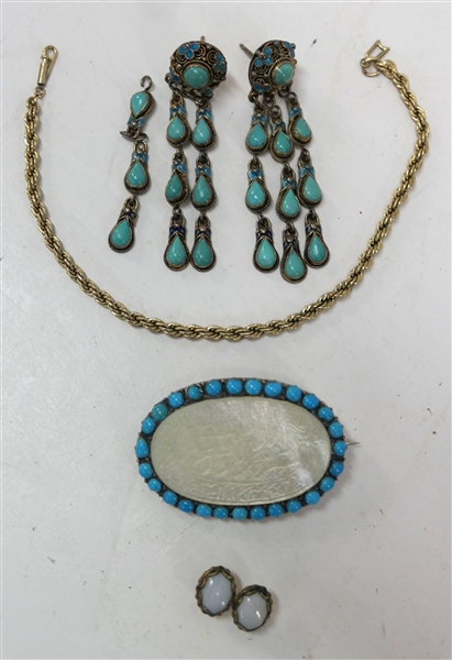 Jewelry Lot including Gold Filled Opal Earrings,  Earrings with Turquoise Stones - 1 Needs Repair, Carved Abalone Oval Brooch, and Rope Bracelet - Brooch Measures 1 3/4" by 1"