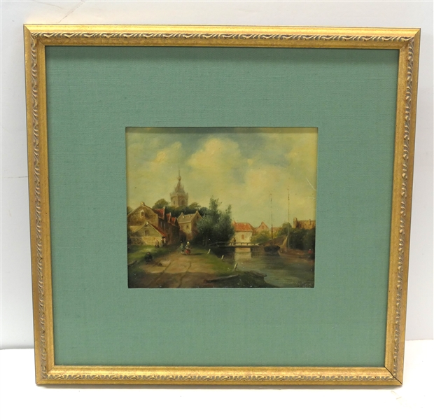 19th Century Oil on Board Painting of a Village by The Water - Nicely Framed and Matted - Frame Measures 13 1/2" by 14"