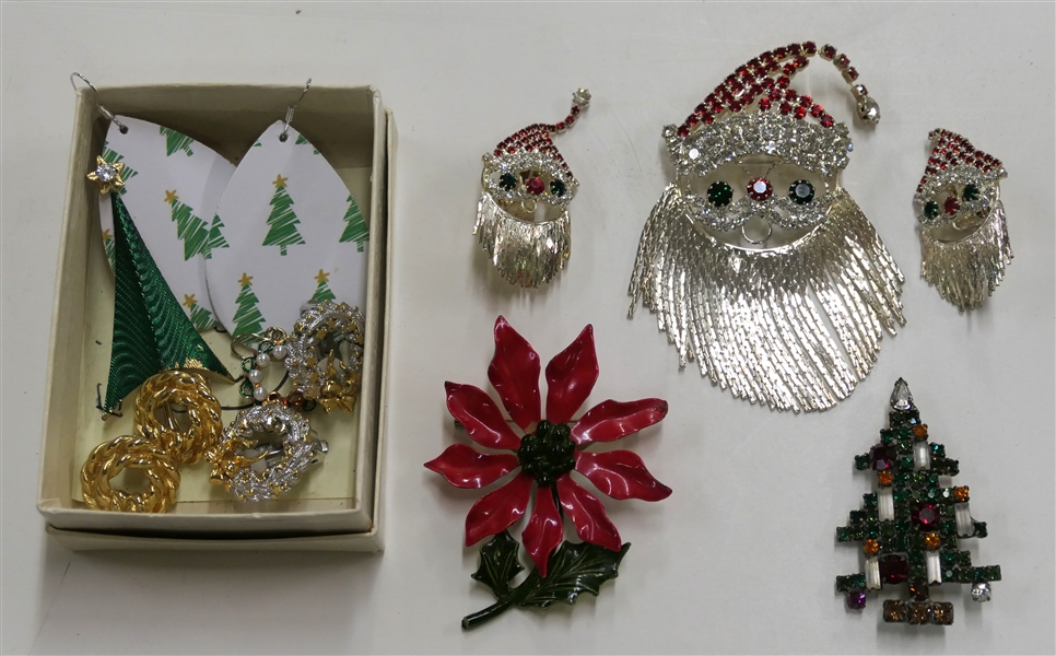 Collection of Christmas Jewelry - Weiss Christmas Tree Pin, Santa Pin and Clip on Earrings, Enamel Poinsettia, Wreath Clip on Earrings, Etc. 