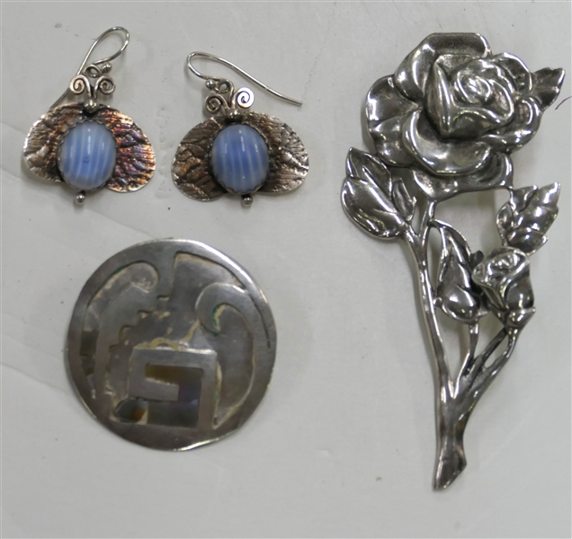 Heavy Danecraft Sterling Silver Rose Pendant, Mexico Sterling Silver Pin - Missing Stones, and Pair of Unsigned Earrings - Rose Pendant Measures 3"