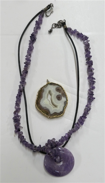 Amethyst Beaded Necklace with Round Amethyst Pendant and Agate Pendant - Measuring 1 3/4" by 1 1/4" 